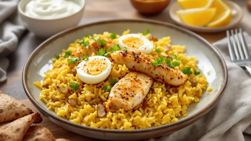 Kedgeree rijstschotel met makreel: een verfijnde herinterpretatie van kedgeree, met geurige rijst en malse makreel