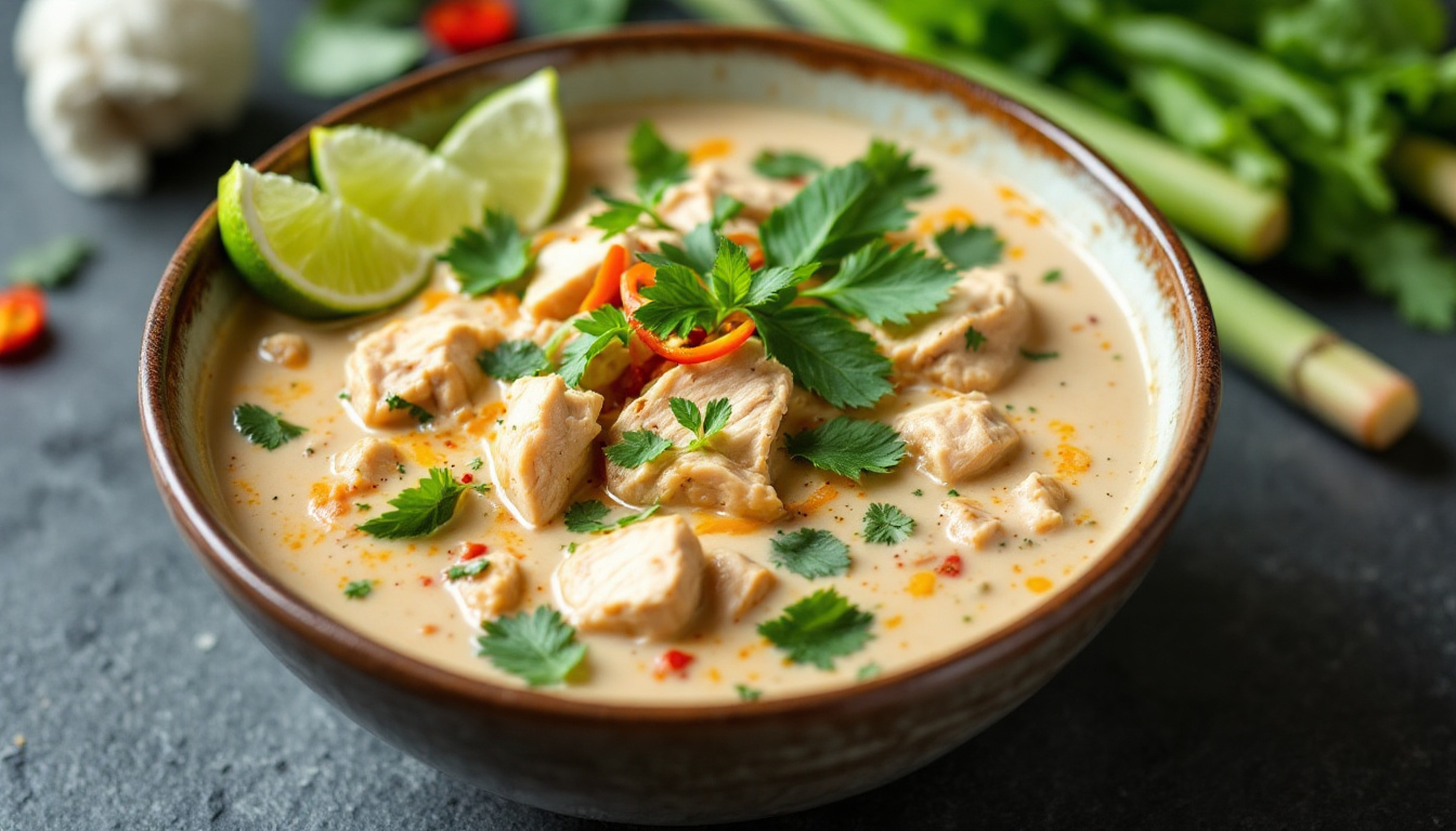 ontdek de heerlijke en authentieke smaken van tom kha gai, de traditionele thaise soep. laat je verrassen door de perfecte balans van kokosmelk, limoen en specerijen in dit smakelijke gerecht.