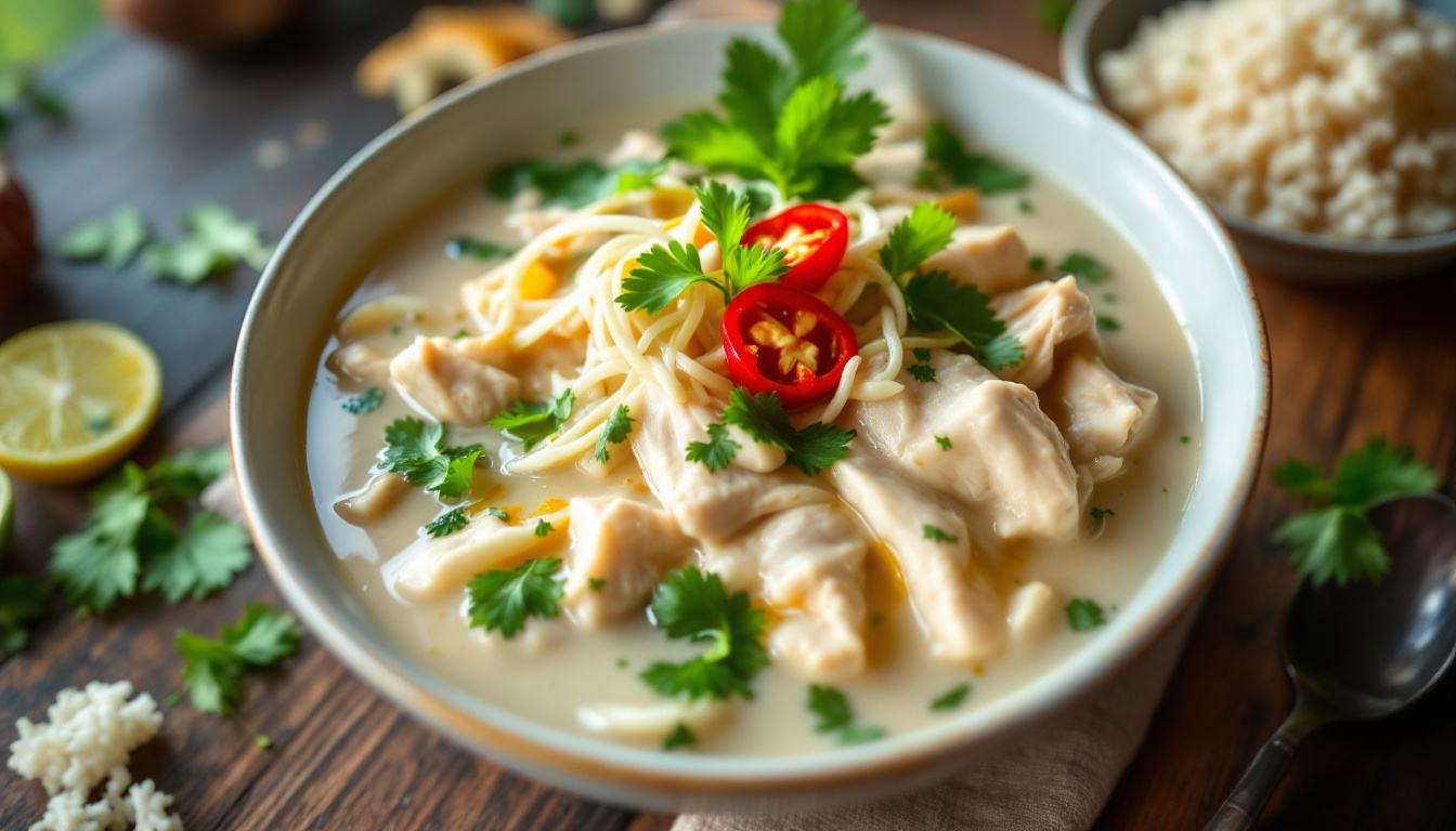 ontdek de rijke en authentieke smaken van tom kha gai, een traditionele thaise soep vol met kokosmelk, kip en aromatische kruiden. geniet van een unieke culinaire ervaring thuis!